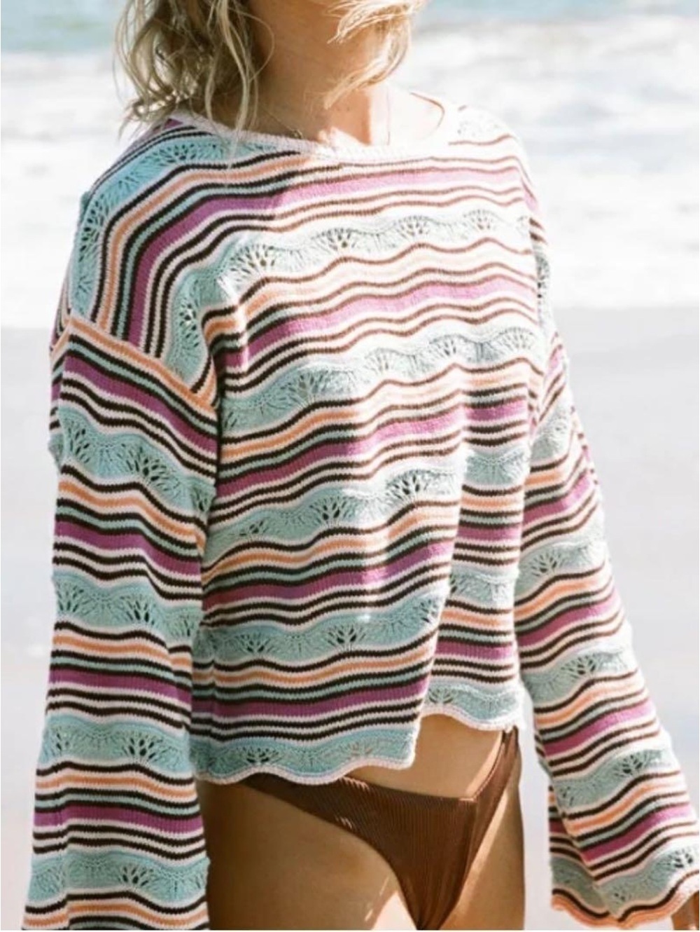 Roxy Salt Siren Crop Bell Sleeve Sweater Medium